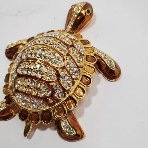 Vintage Large Sea Turtle Pin Gold tone Enamel Rhinestones Brooch - Picture 7 of 12